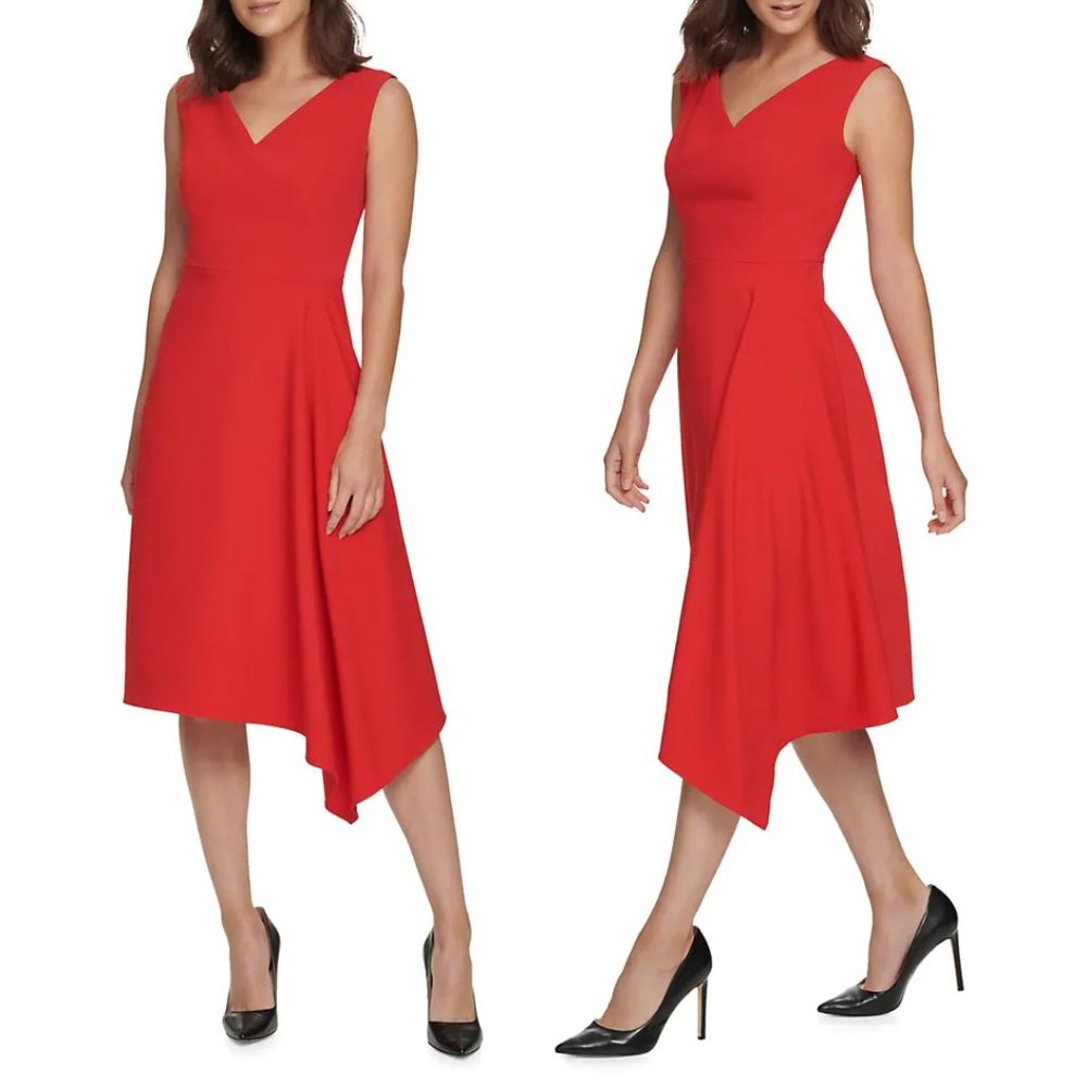 DONNA KARAN V-Neck Asymmetric Hem Dress